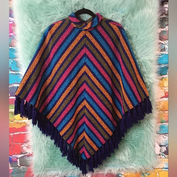 Multicolor striped one size fits most Fringe poncho. - Picture 2 of 11